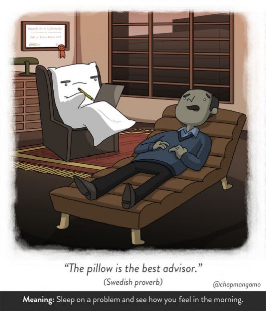 The pillow is the best advisor. Swedish proverb. Sleep on a problem and see how you feel in the morning. 